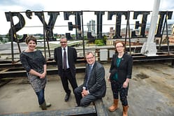 (L-R)Pippa Hale, Jonathan Straight, Gerald Jennings and Kerry Harker on top of Tetleys building- credit Simon Dewhurst