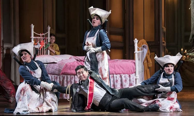 Helen Évora, Kang Wang, Lorna James and Amy J Payne in Opera North's The Magic Flute. Photo: Alastair Muir. 