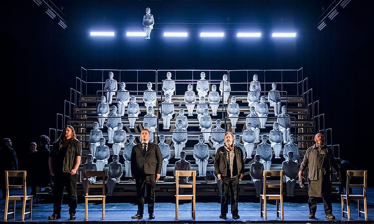 Nicky Spence as Manolios, Rhodri Prys Jones as Michelis, Paul Nilon as Yannakos and Richard Mosley-Evans as Kostandis, The Greek Passion © Tristram Kenton