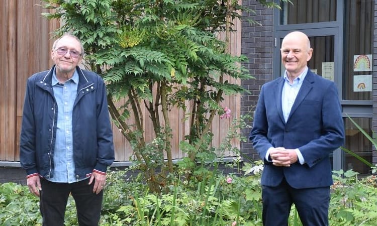 Michael Yates (left) social distancing with the then hospitals Chief Executive Martin Barkley