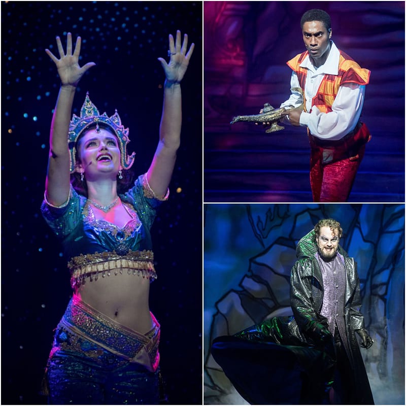 Clockwise from left Emily Beth Harrington as Scheherazade, Simon Webbe as Aladdin and David O'Mahony as Abanazar